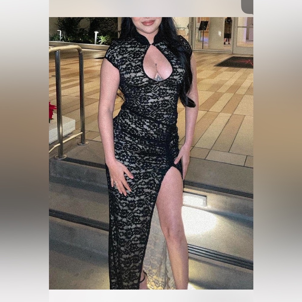 White Fox Boutique Black Lace High-Low Cheongsam Bodycon Dress
